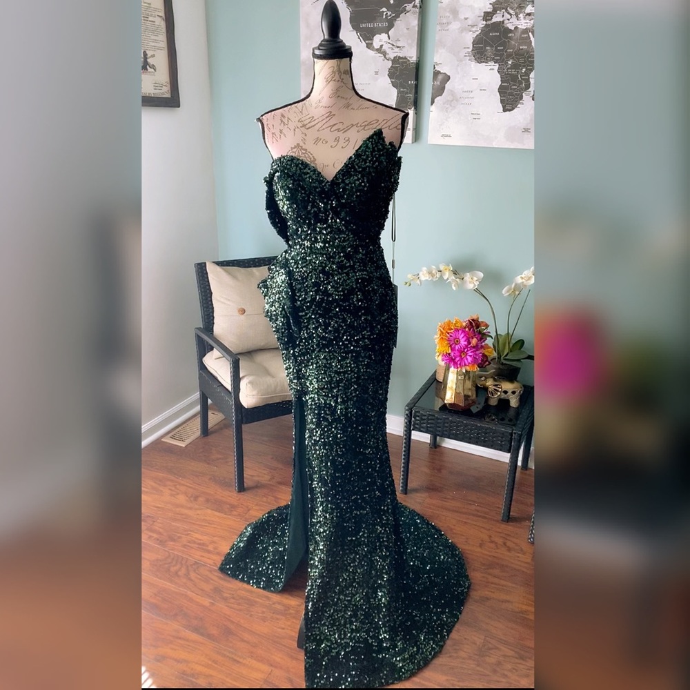 Portia & Scarlett emerald green sequin evening gown, pageant, gala or prom dress